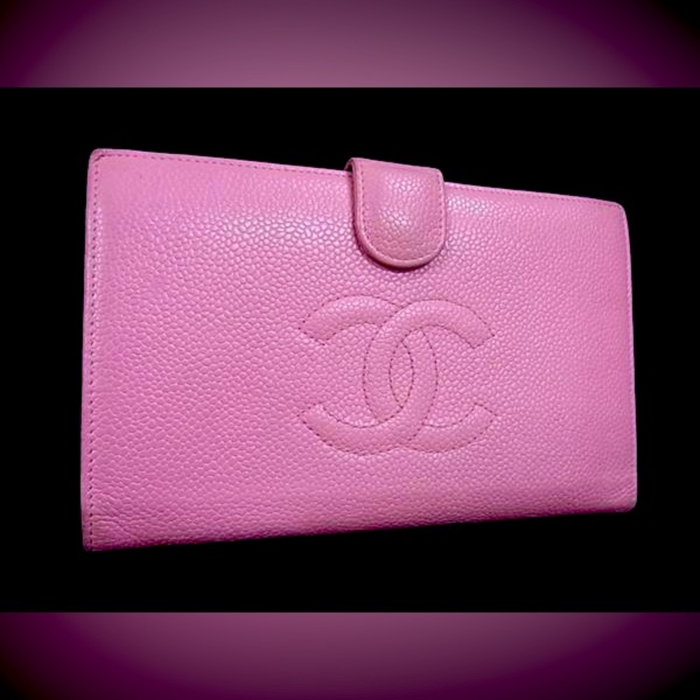 CHANEL Coco Mark Caviar Skin Gamaguchi Bifold Long Wallet Coin Card Holder Pink